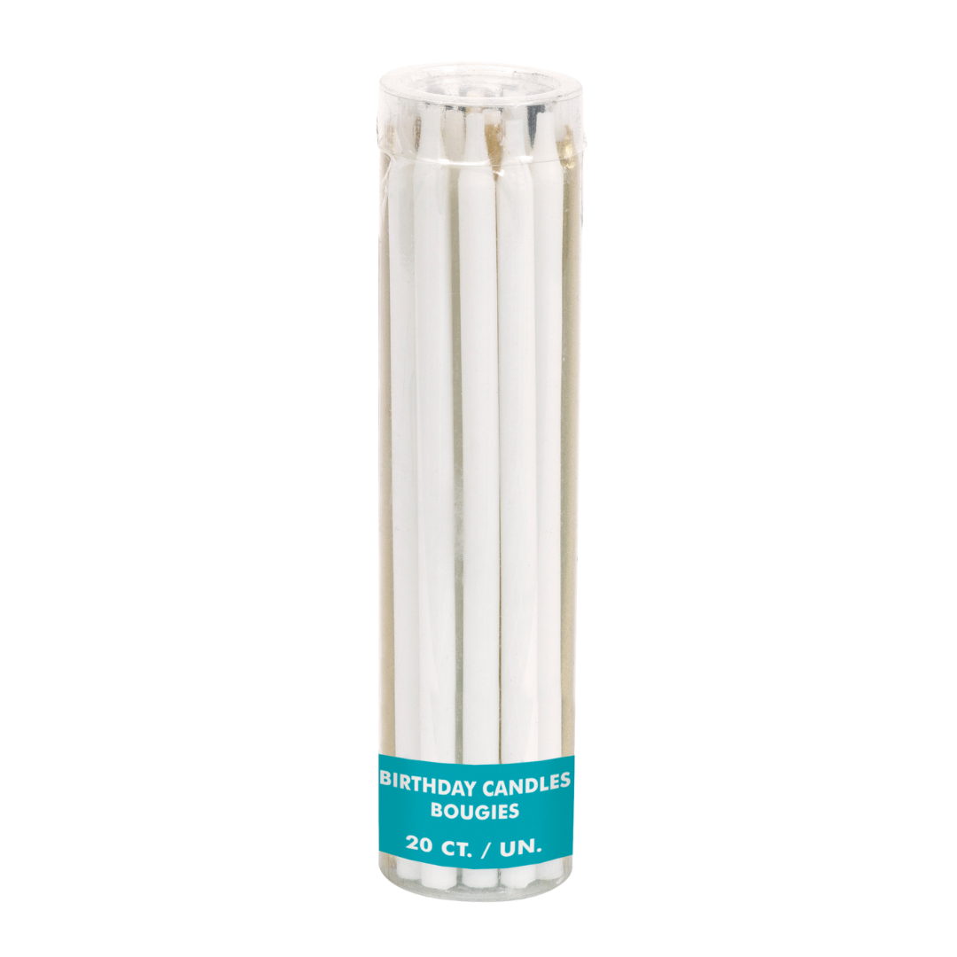 White birthday candles in a clear plastic pack birthday theme from Parte Haus party supply store in Bethesda MD