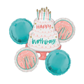 Pink and teal birthday balloon set with cake and round balloons birthday theme from Parte Haus party supply store in Bethesda Maryland