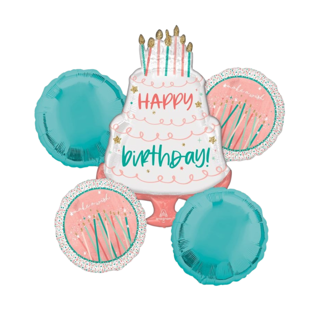 Pink and teal birthday balloon set with cake and round balloons birthday theme from Parte Haus party supply store in Bethesda Maryland