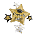 Gold and black star balloon arrangement with graduation cap for graduation from Parte Haus party supply store in Bethesda MD.