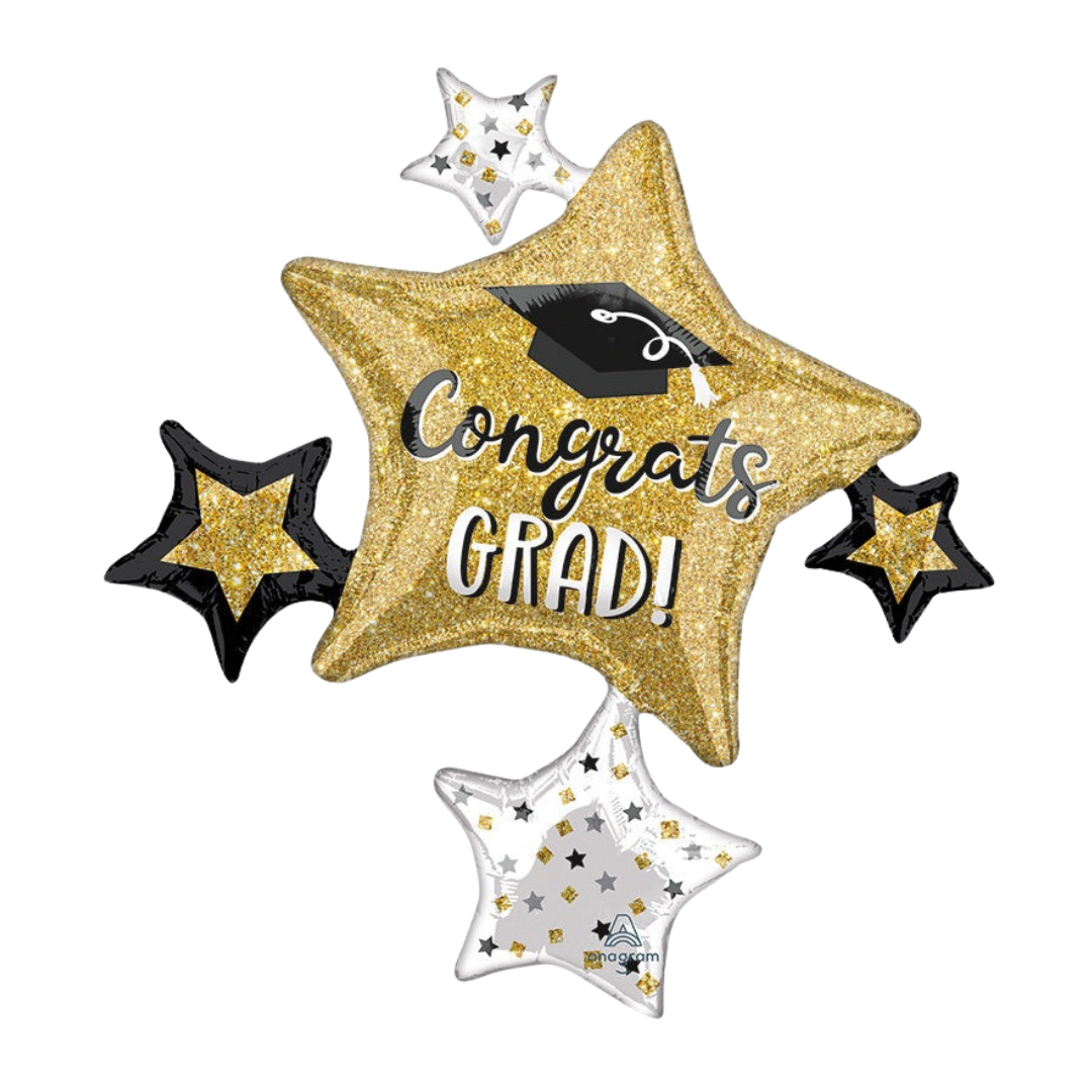 Gold and black star balloon arrangement with graduation cap for graduation from Parte Haus party supply store in Bethesda MD.