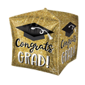 Gold cube balloon with black graduation cap and white Congrats Grad text graduation from Parte Haus party supply store in Bethesda MD
