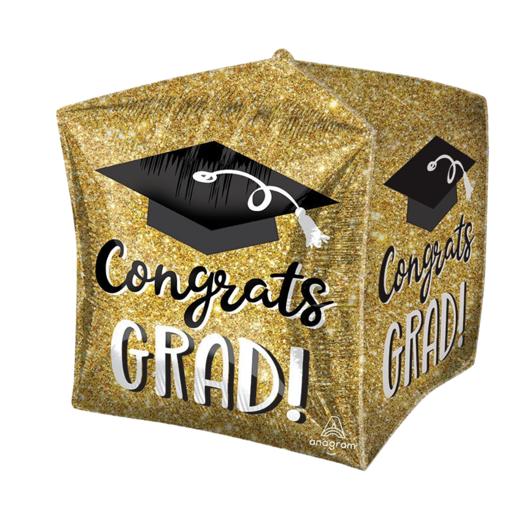 Gold cube balloon with black graduation cap and white Congrats Grad text graduation from Parte Haus party supply store in Bethesda MD