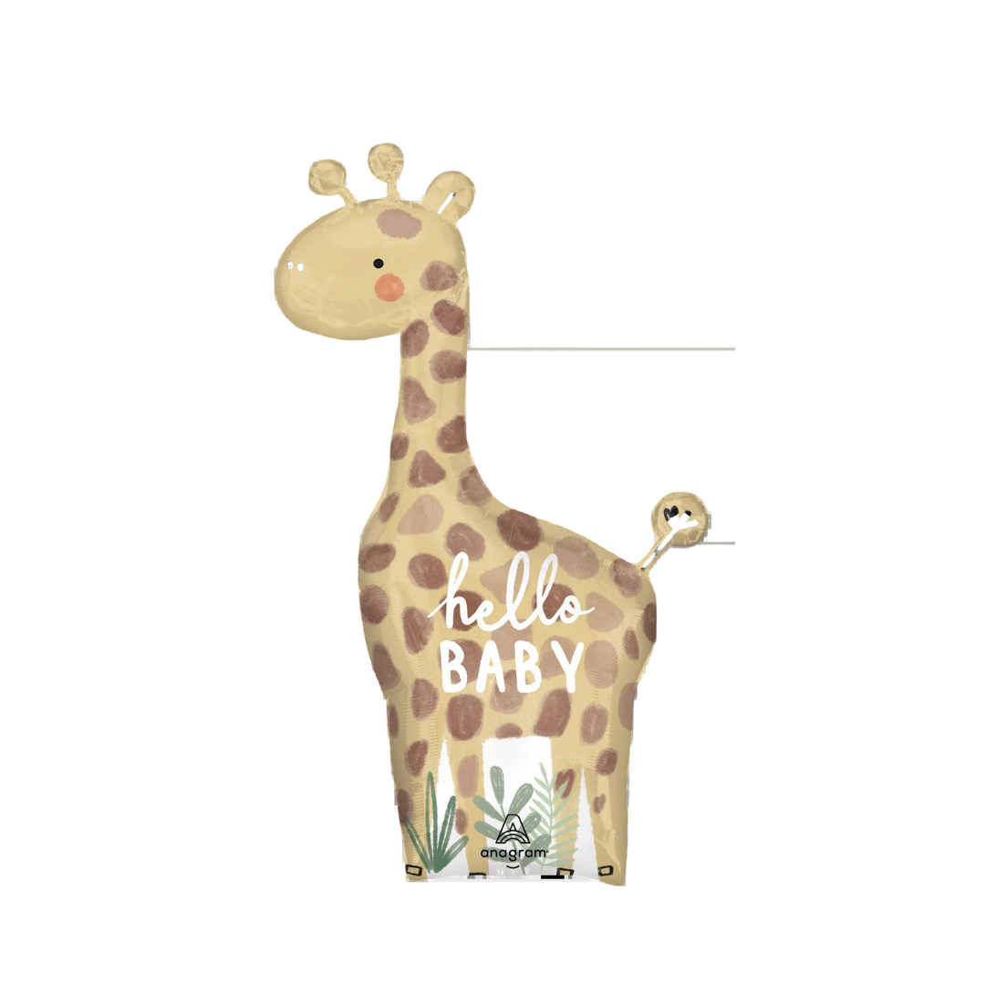 Yellow giraffe shaped baby foil balloon with hello baby text jungle baby shower from Parte Haus party supply store in Bethesda MD