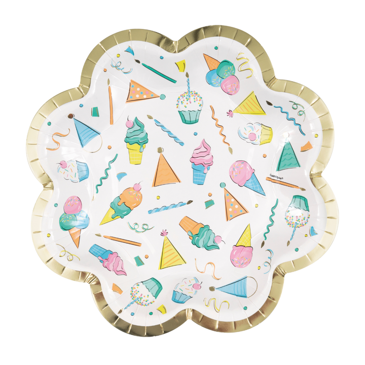 Rainbow Birthday Sweets Scalloped Edge with Foil Small Appetizer Dessert Plates