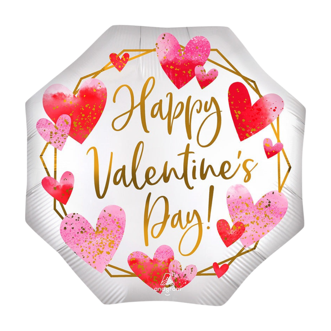 White Satin Watercolor Valentine’s Day Octagon Foil Balloon, 29in