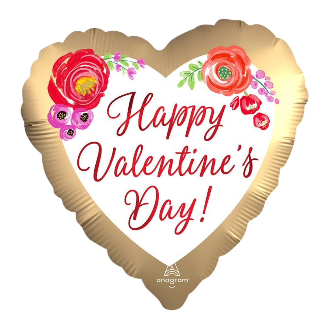 Gold Satin Watercolor Floral Valentine’s Day Foil Balloon, 18in