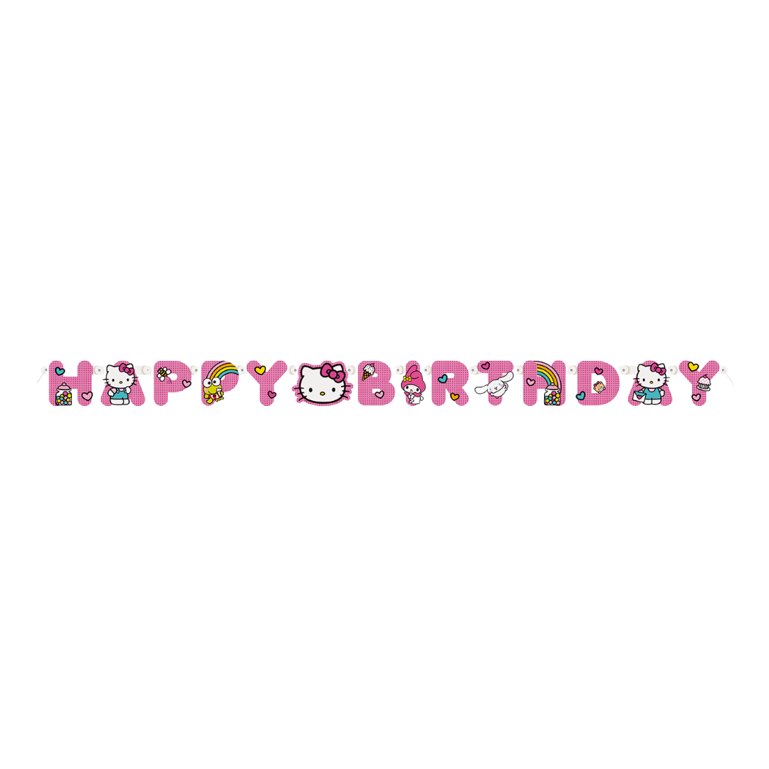 Pink Hello Kitty birthday banner with cartoon graphics for birthday theme from Parte Haus party supply store in Bethesda MD