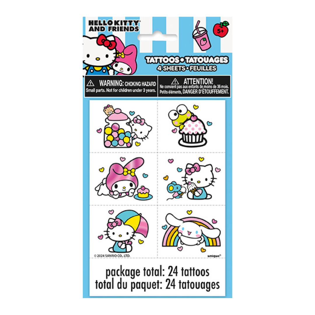 Colorful Hello Kitty temporary tattoos featuring cupcakes rainbows and hearts for kids birthday from Parte Haus party supply store in Bethesda Maryland