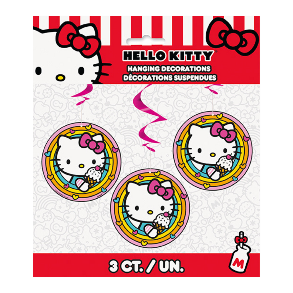 Pink Hello Kitty hanging decorations with cupcakes for birthday from Parte Haus party supply store in Bethesda MD