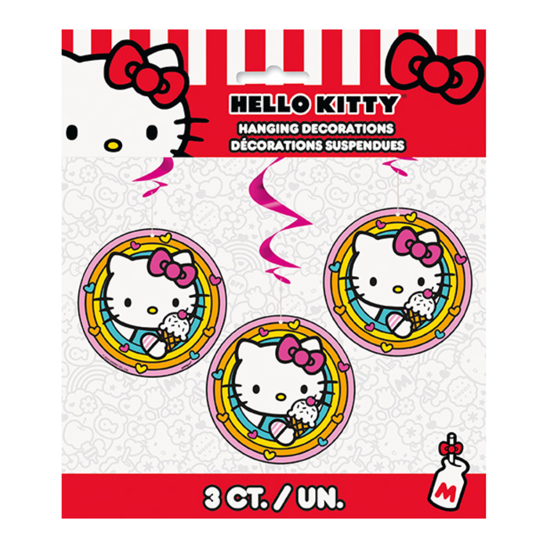Pink Hello Kitty hanging decorations with cupcakes for birthday from Parte Haus party supply store in Bethesda MD