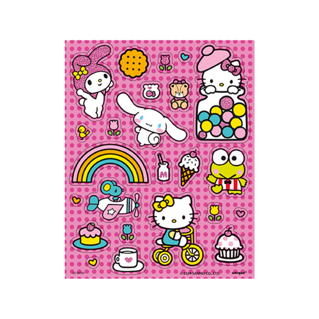 Pink Hello Kitty sticker sheet with rainbows desserts and cute characters birthday theme from Parte Haus party supply store in Bethesda MD