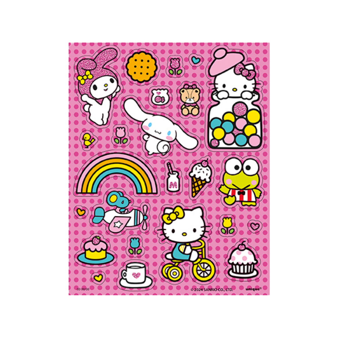 Pink Hello Kitty sticker sheet with rainbows desserts and cute characters birthday theme from Parte Haus party supply store in Bethesda MD