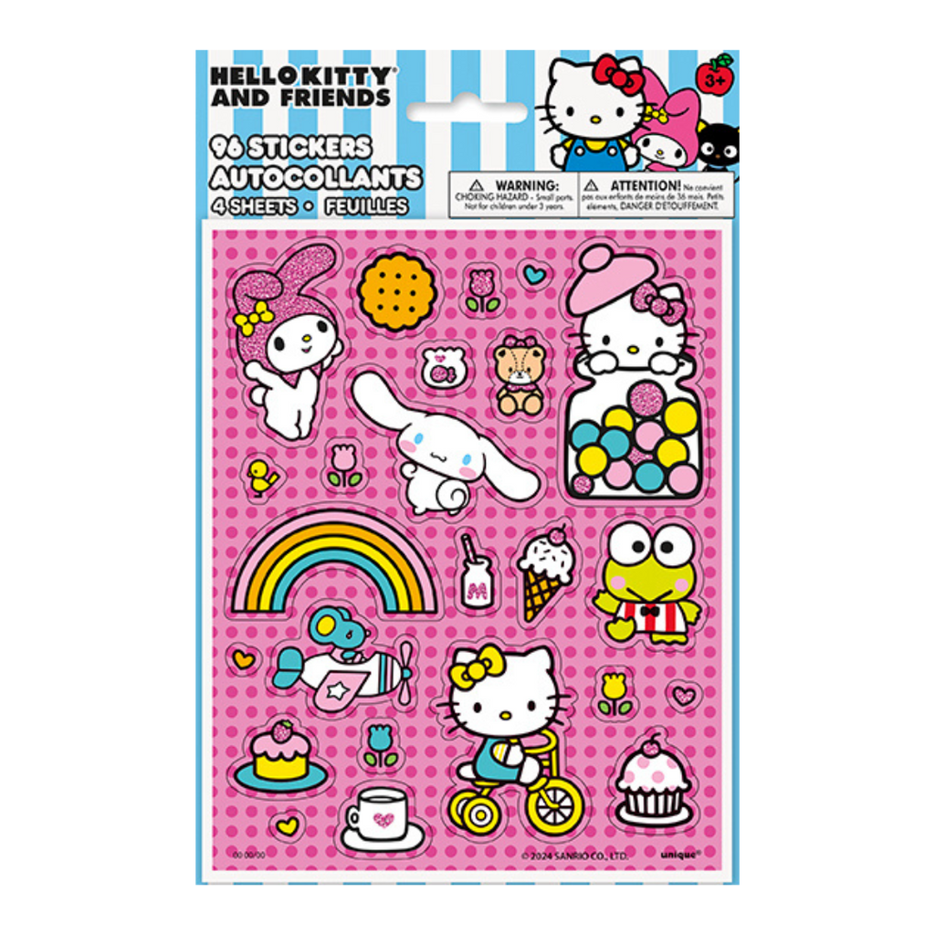 Colorful Hello Kitty and Friends sticker sheet with cute characters for kids birthday from Parte Haus party supply store in Bethesda Maryland