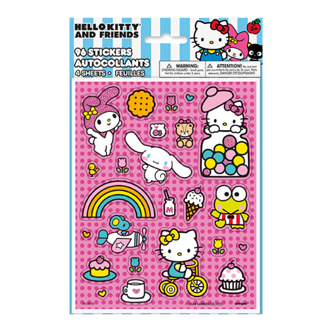 Colorful Hello Kitty and Friends sticker sheet with cute characters for kids birthday from Parte Haus party supply store in Bethesda Maryland