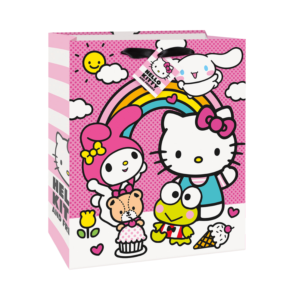 Pink Hello Kitty gift bag with rainbow and cartoon friends birthday theme from Parte Haus party supply store in Bethesda Maryland