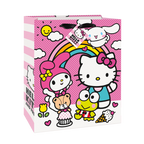 Pink Hello Kitty gift bag with rainbow and cartoon friends birthday theme from Parte Haus party supply store in Bethesda Maryland