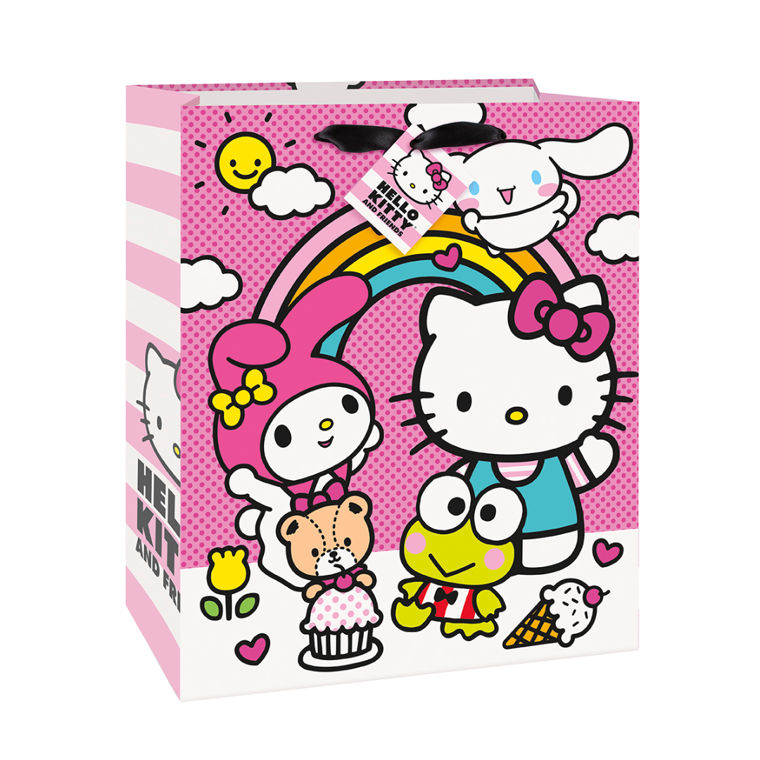 Pink Hello Kitty gift bag with rainbow and cartoon friends birthday theme from Parte Haus party supply store in Bethesda Maryland