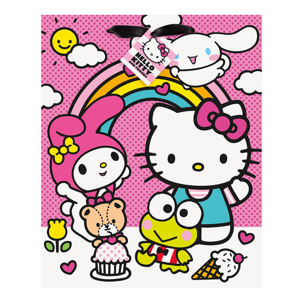 Pink Hello Kitty gift bag with rainbow cartoon friends and cupcake birthday theme from Parte Haus party supply store in Bethesda MD