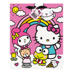 Pink Hello Kitty gift bag with rainbow cartoon friends and cupcake birthday theme from Parte Haus party supply store in Bethesda MD