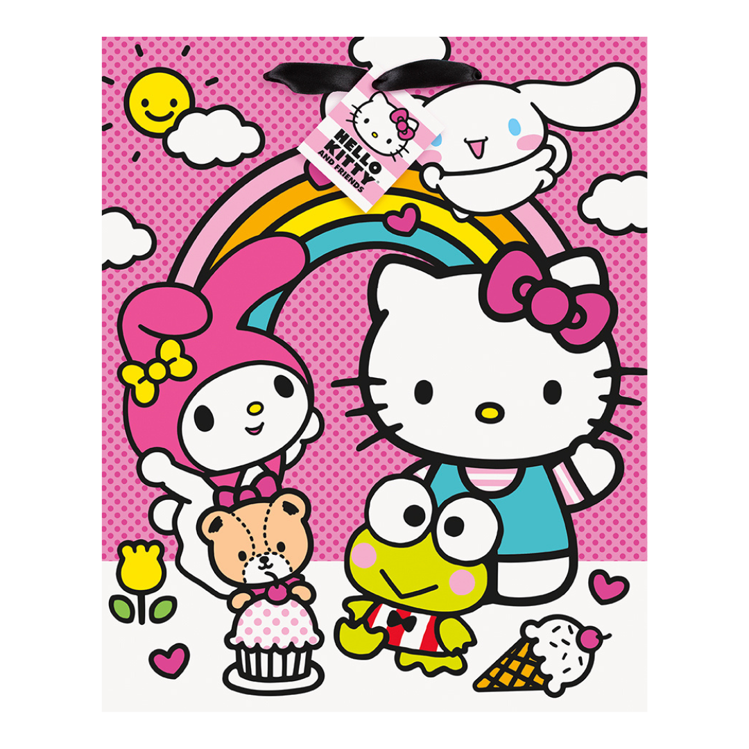 Pink Hello Kitty gift bag with rainbow cartoon friends and cupcake birthday theme from Parte Haus party supply store in Bethesda MD