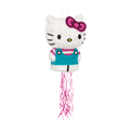 White and pink cat piñata in blue dress for birthday fun from Parte Haus party supply store in Bethesda Maryland
