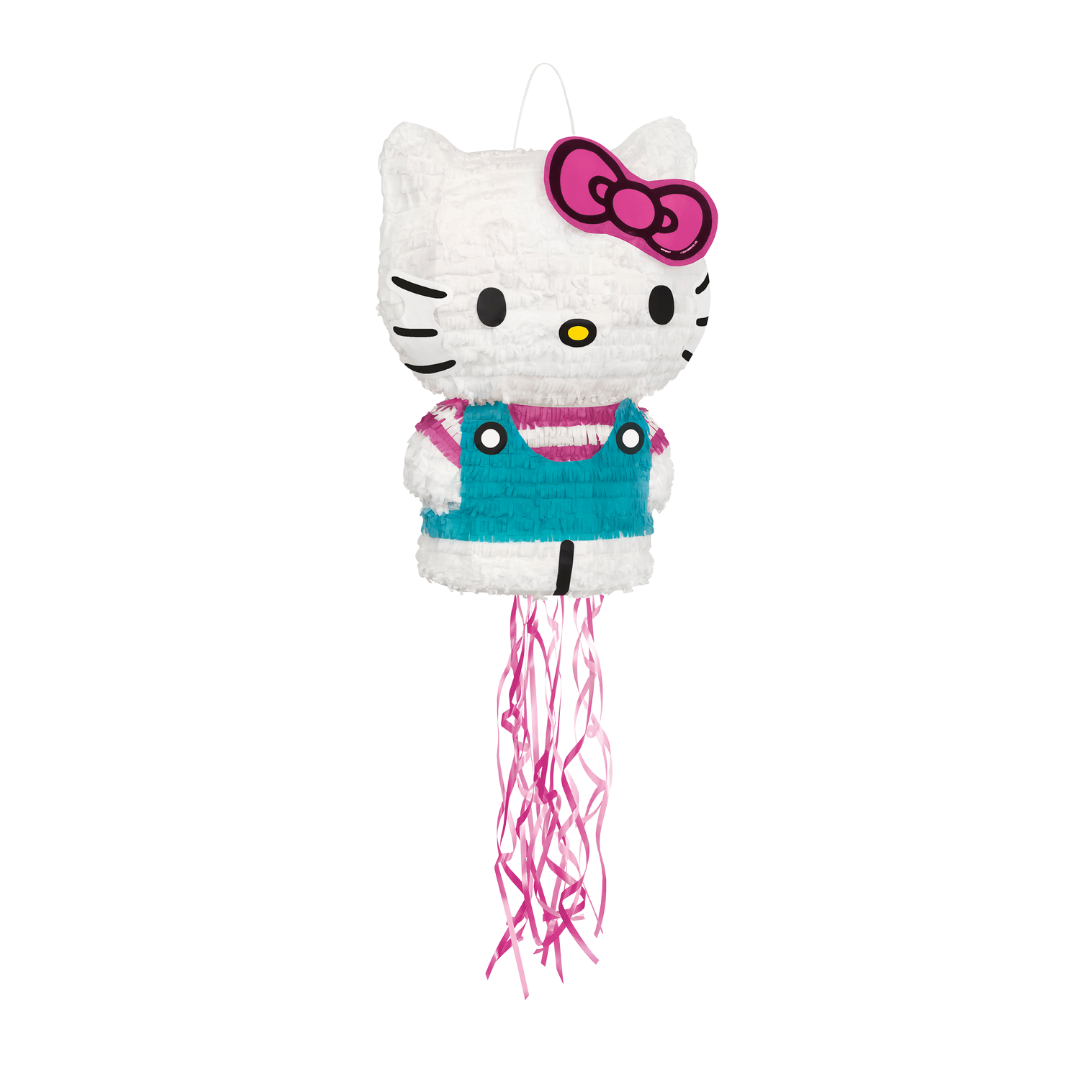 White and pink cat piñata in blue dress for birthday fun from Parte Haus party supply store in Bethesda Maryland