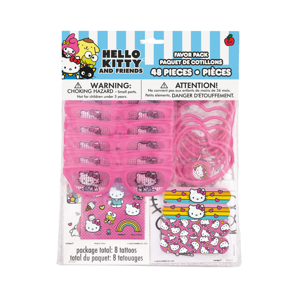 Pink Hello Kitty and friends favor pack with sunglasses heart bracelets and tattoos birthday theme from Parte Haus party supply store in Bethesda MD