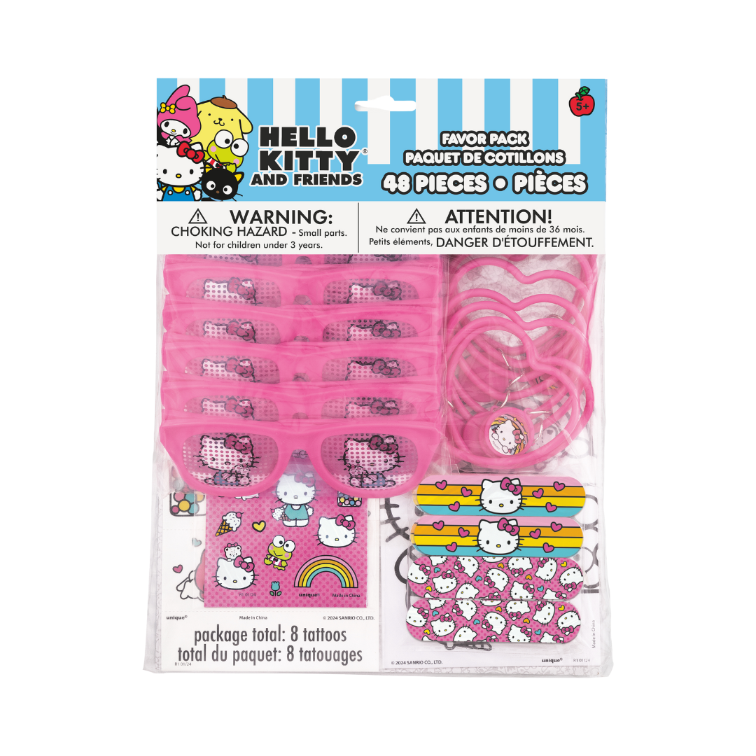 Pink Hello Kitty and friends favor pack with sunglasses heart bracelets and tattoos birthday theme from Parte Haus party supply store in Bethesda MD