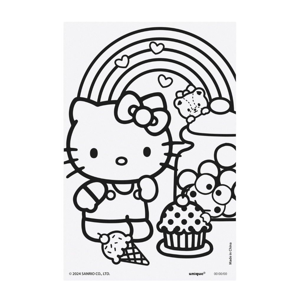 Black and white Hello Kitty coloring sheet with cupcake rainbow and candy birthday from Parte Haus party supply store in Bethesda MD