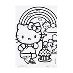 Black and white Hello Kitty coloring sheet with cupcake rainbow and candy birthday from Parte Haus party supply store in Bethesda MD