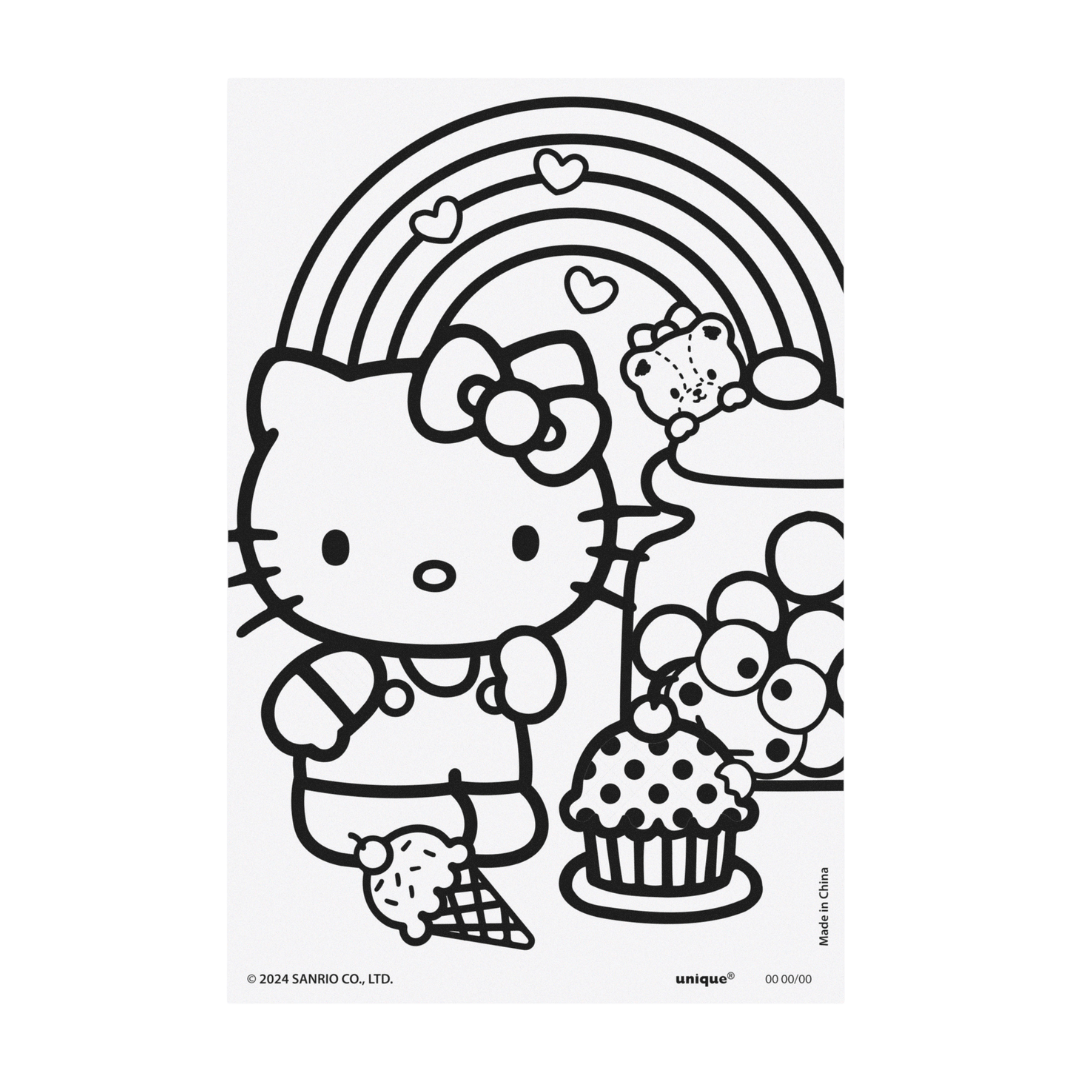 Black and white Hello Kitty coloring sheet with cupcake rainbow and candy birthday from Parte Haus party supply store in Bethesda MD
