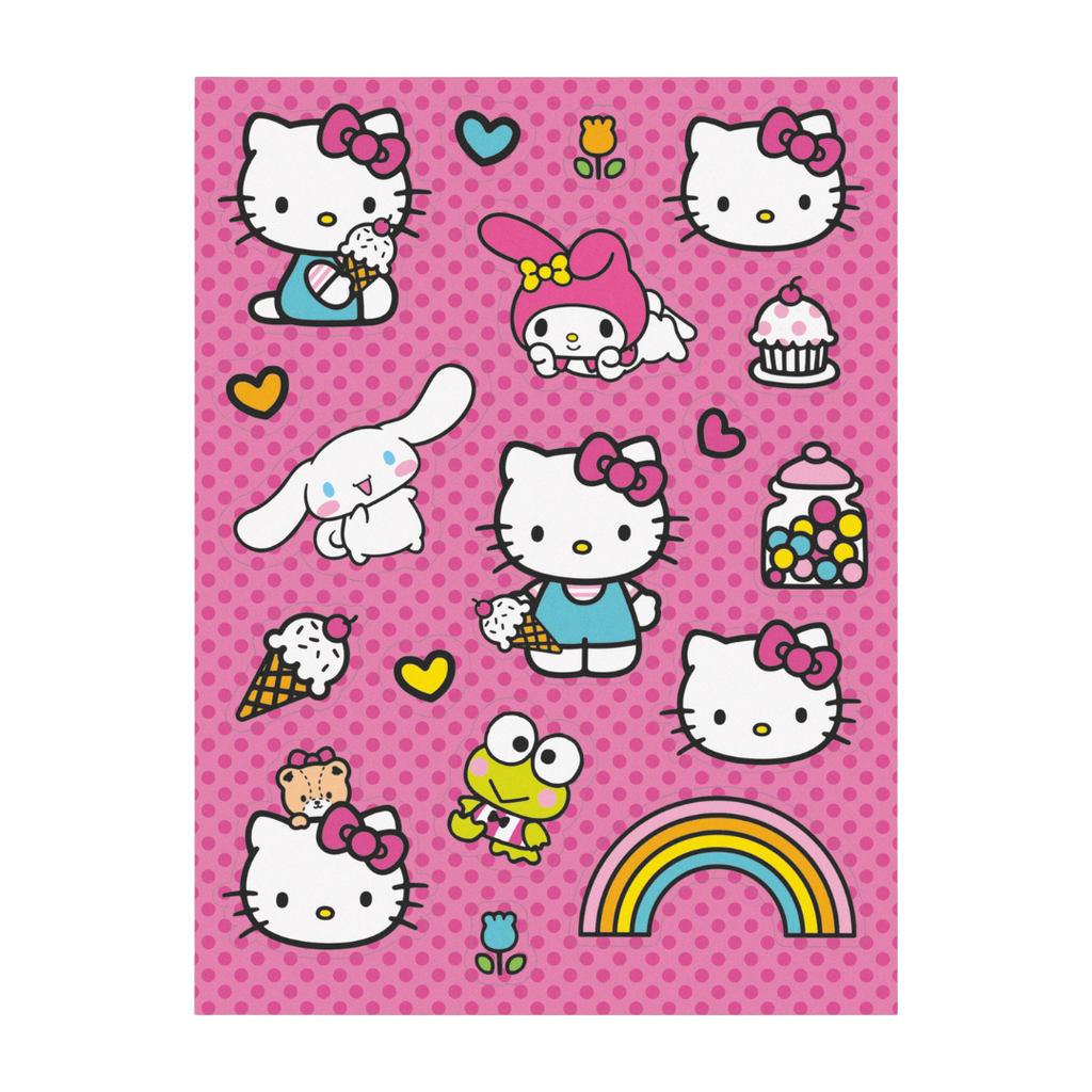 Pink Hello Kitty sticker sheet with ice cream and rainbow birthday theme from Parte Haus party supply store in Bethesda MD.