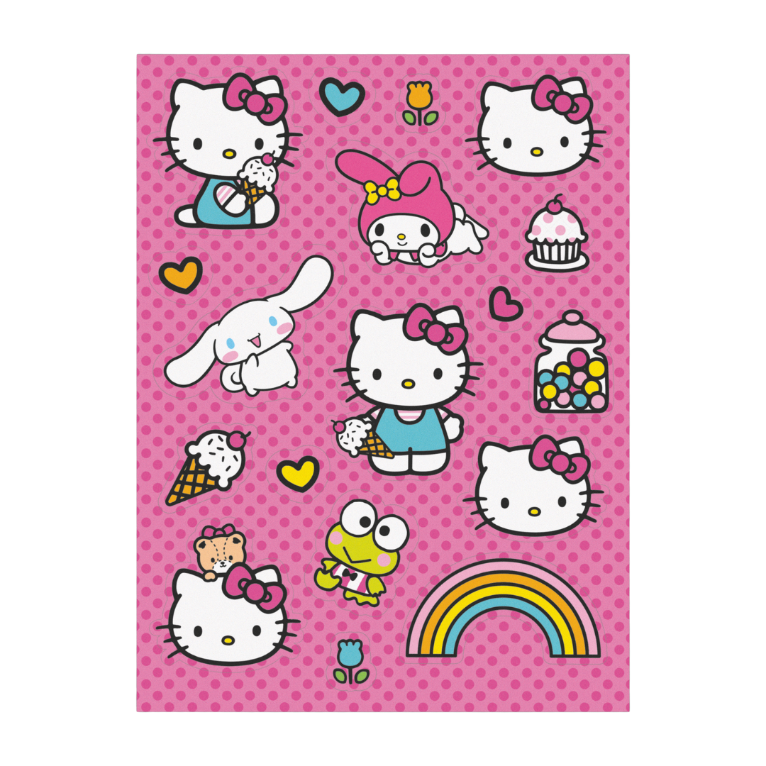 Pink Hello Kitty sticker sheet with ice cream and rainbow birthday theme from Parte Haus party supply store in Bethesda MD.