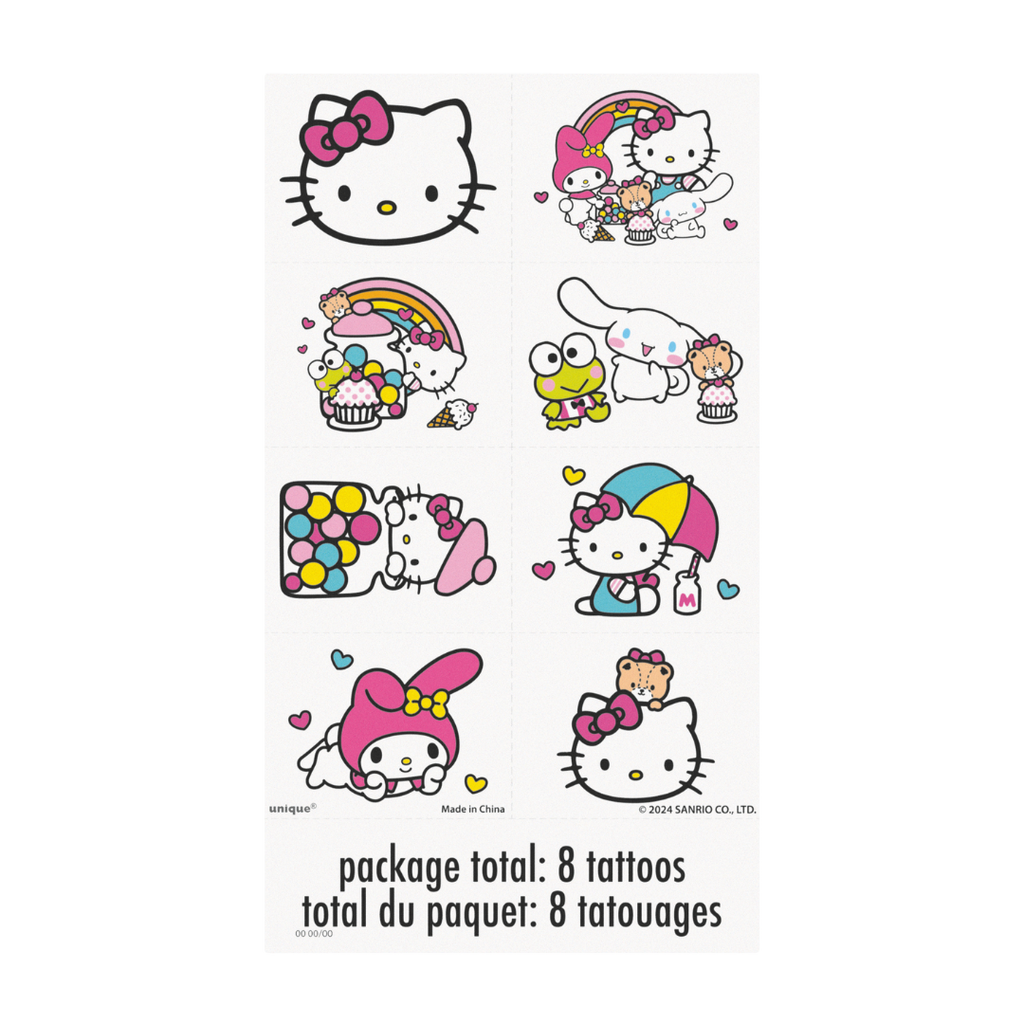 Colorful Hello Kitty temporary tattoo sheet with cute characters and rainbows from Parte Haus party supply store in Bethesda Maryland
