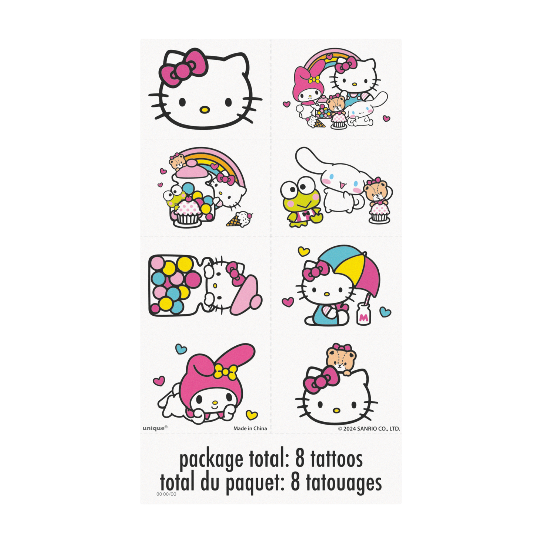 Colorful Hello Kitty temporary tattoo sheet with cute characters and rainbows from Parte Haus party supply store in Bethesda Maryland