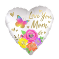 White heart balloon with colorful flowers butterfly and gold Love You Mom text for Mother's Day from Parte Haus party supply store in Bethesda MD
