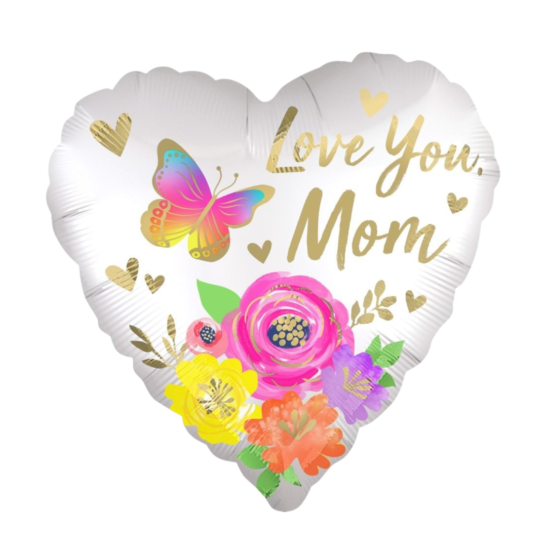 White heart balloon with colorful flowers butterfly and gold Love You Mom text for Mother's Day from Parte Haus party supply store in Bethesda MD