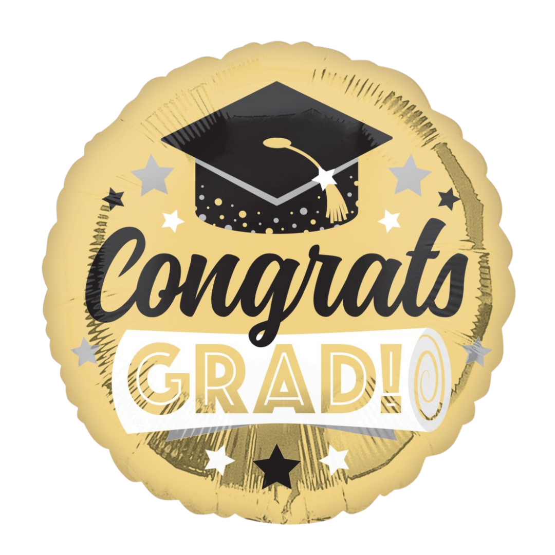 Gold graduation balloon with cap and diploma design for graduation from Parte Haus party supply store in Bethesda MD
