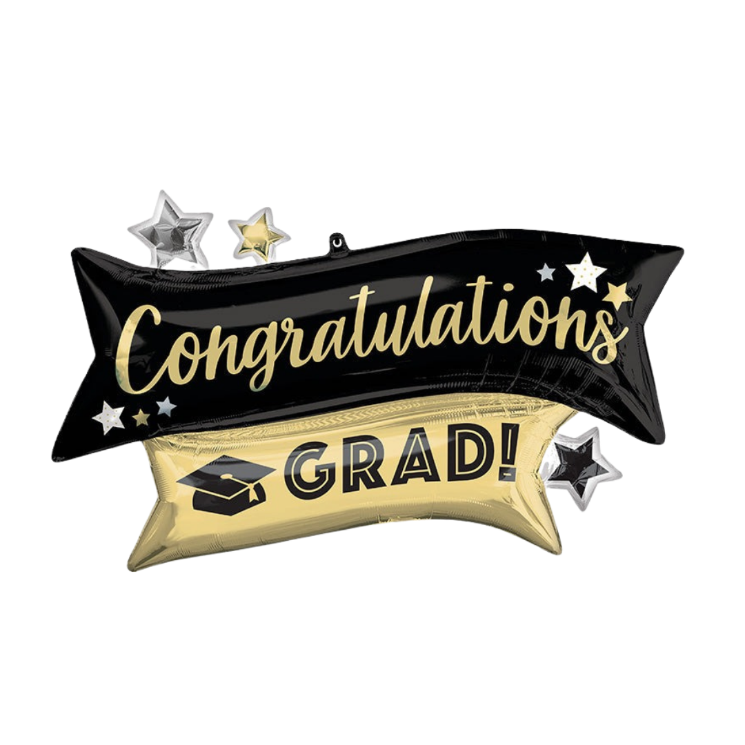 Black and gold congratulations grad balloon with stars for graduation from Parte Haus party supply store in Bethesda MD
