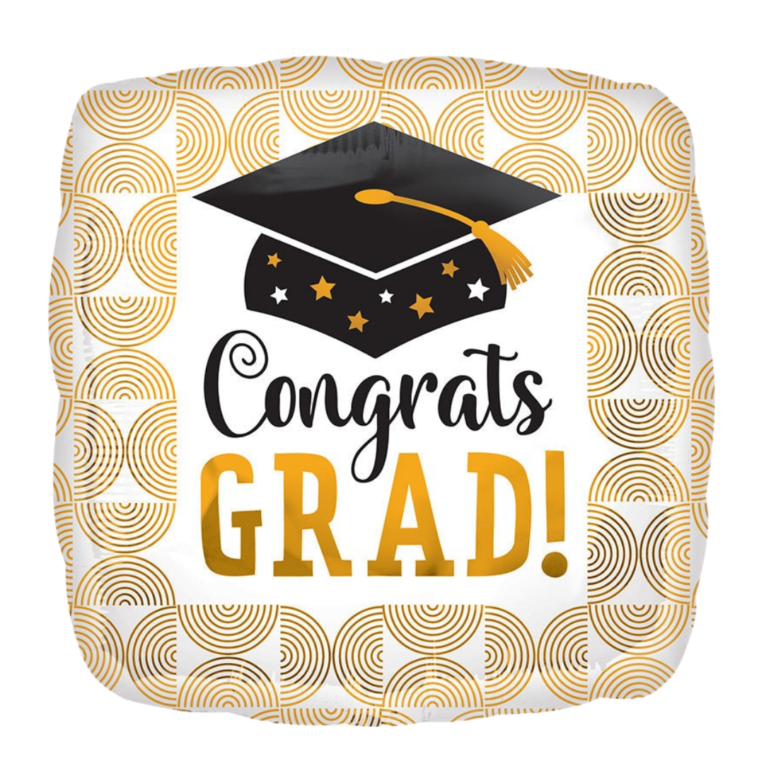 Gold and black graduation balloon with cap and stars graduation theme from Parte Haus party supply store in Bethesda MD