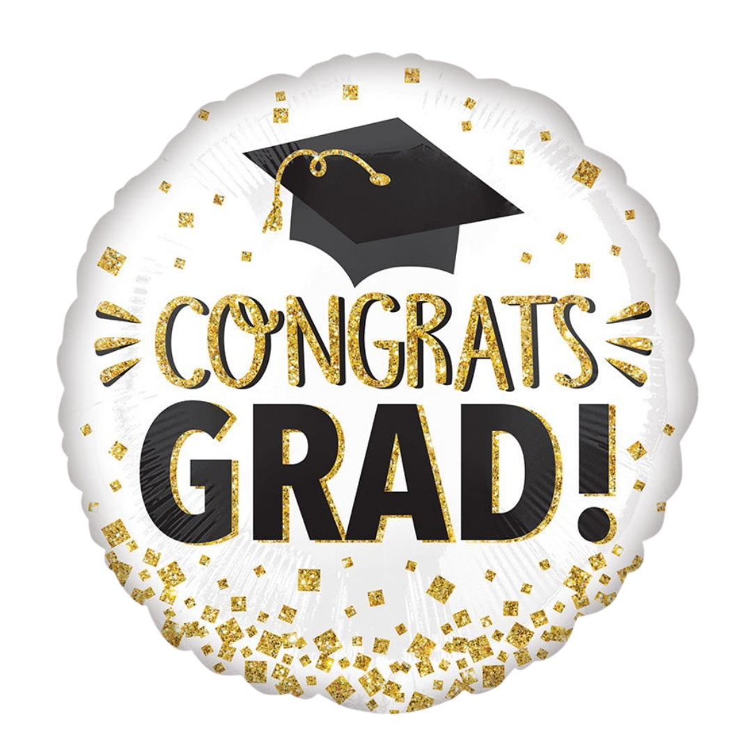 White gold black graduation balloon with cap and confetti for graduation from Parte Haus party supply store in Bethesda Maryland