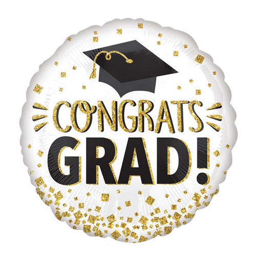 White gold black graduation balloon with cap and confetti for graduation from Parte Haus party supply store in Bethesda Maryland