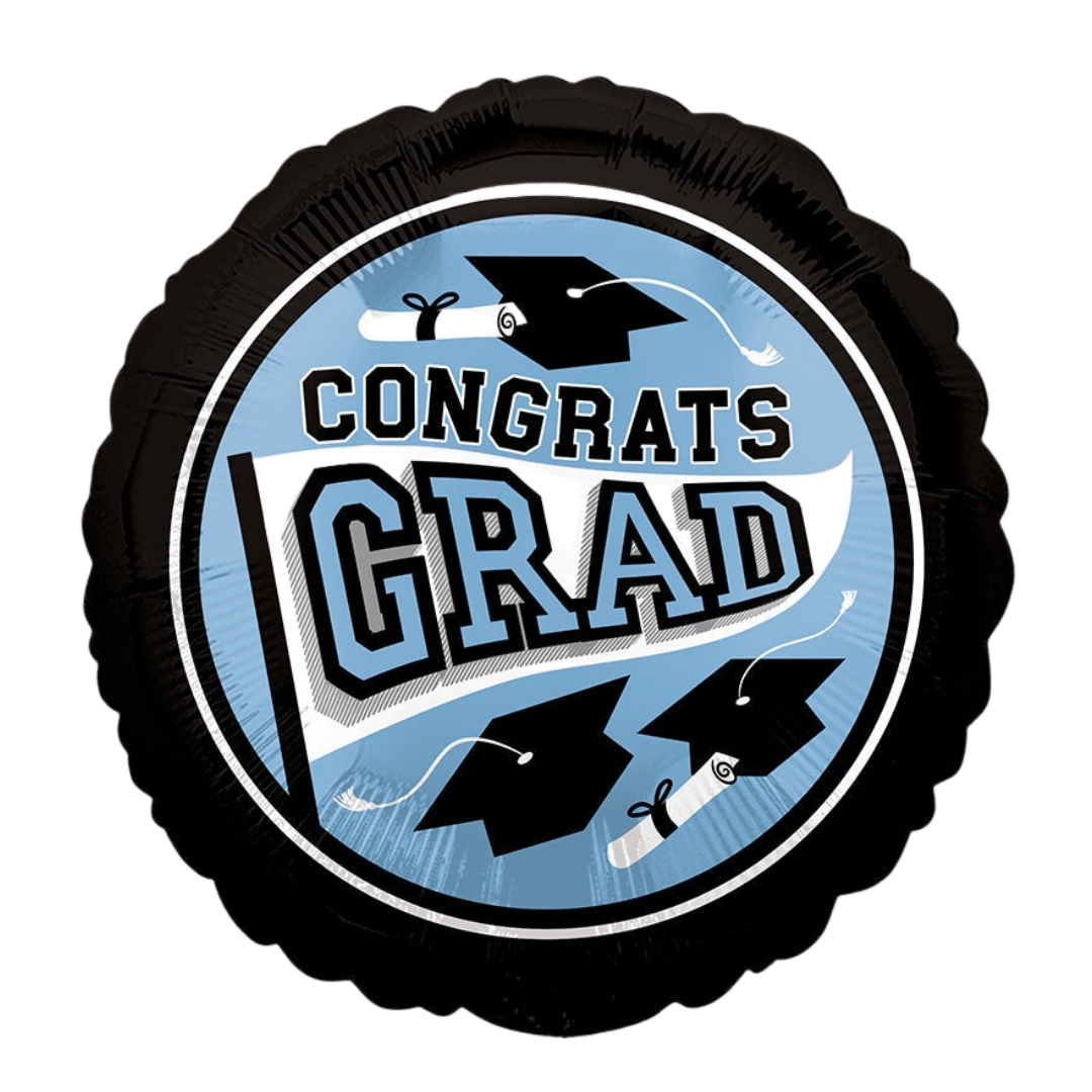 Blue and black graduation balloon with cap and diploma design for graduation from Parte Haus party supply store in Bethesda MD.