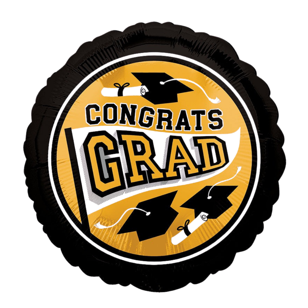 Black and gold graduation balloon with congrats grad and mortarboards graduation from Parte Haus party supply store in Bethesda MD.