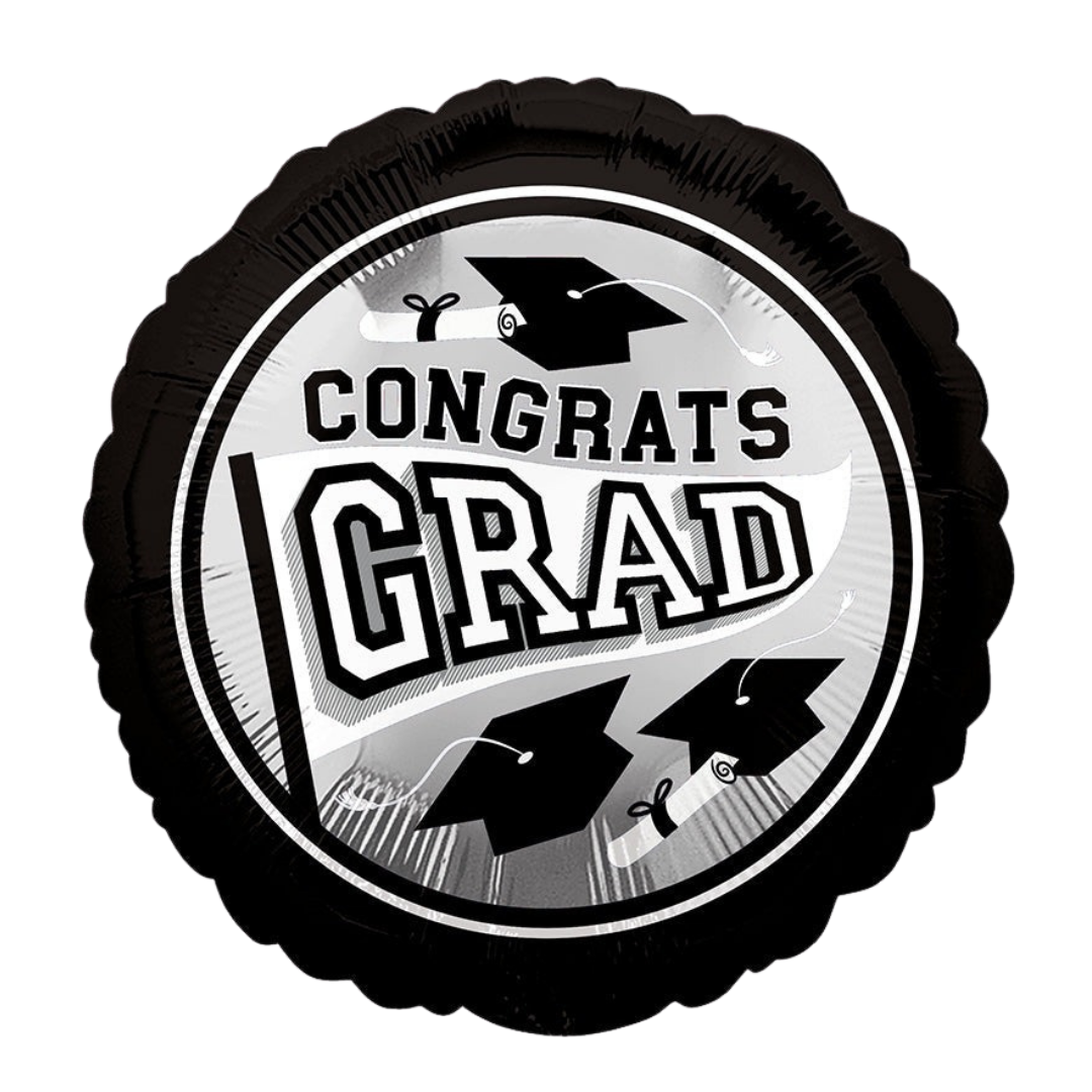 Black and silver graduation balloon with hats and diplomas graduation theme from Parte Haus party supply store in Bethesda MD