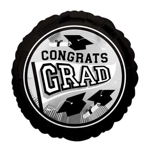Black and silver graduation balloon with hats and diplomas graduation theme from Parte Haus party supply store in Bethesda MD