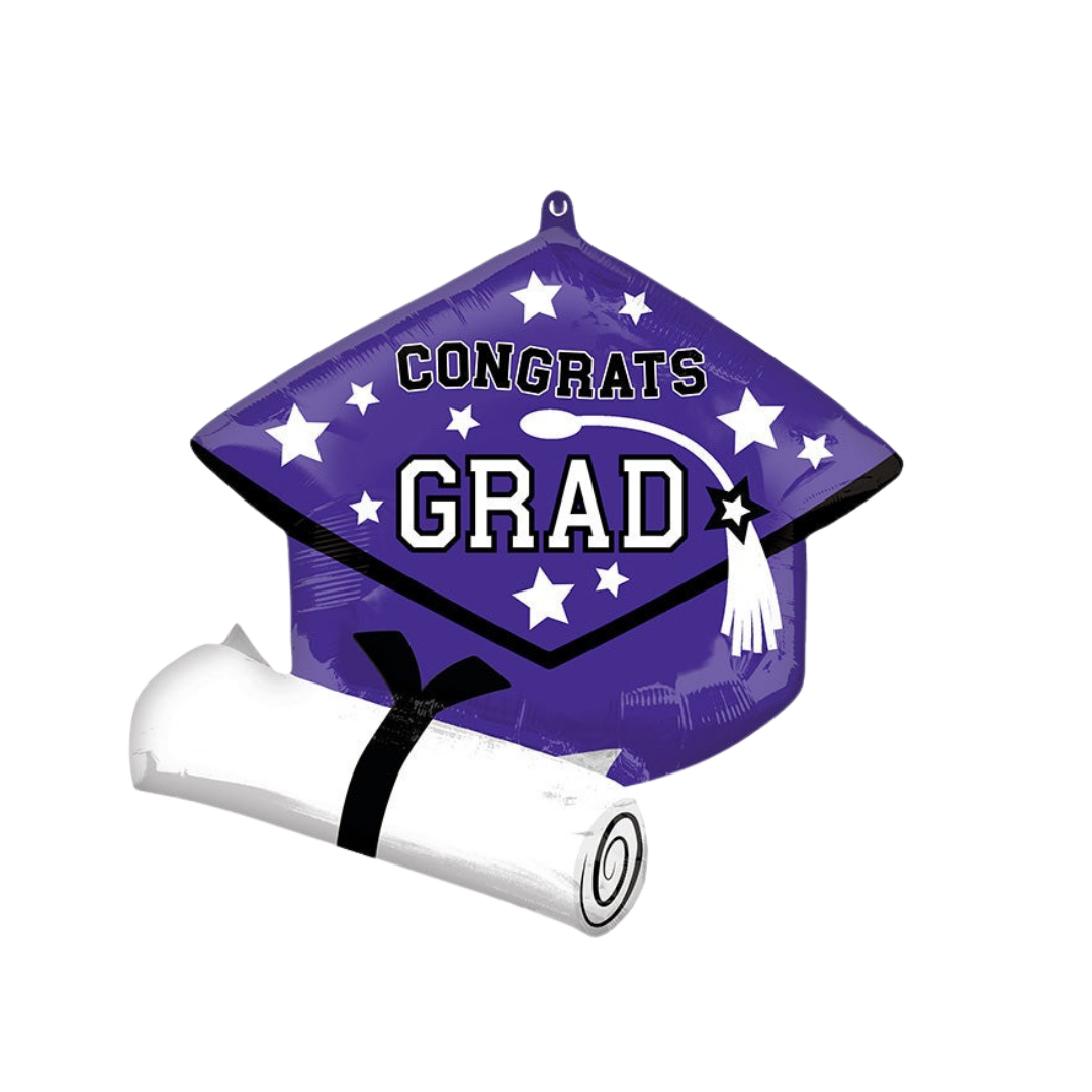 Purple graduation cap balloon with white tassel stars and diploma for graduation from Parte Haus party supply store in Bethesda MD
