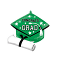 Green graduation cap balloon with congrats grad text and diploma decor for graduation from Parte Haus party supply store in Bethesda Maryland