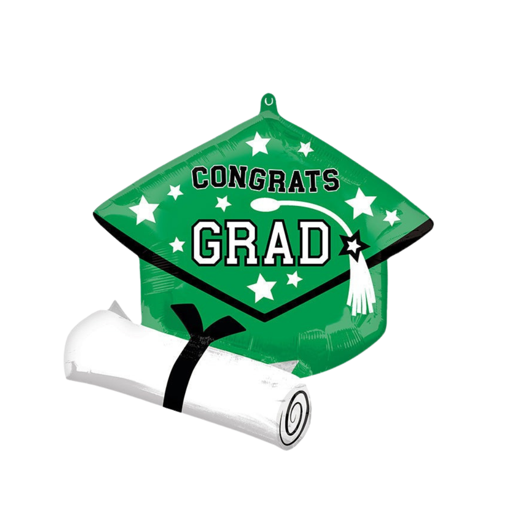 Green graduation cap balloon with congrats grad text and diploma decor for graduation from Parte Haus party supply store in Bethesda Maryland